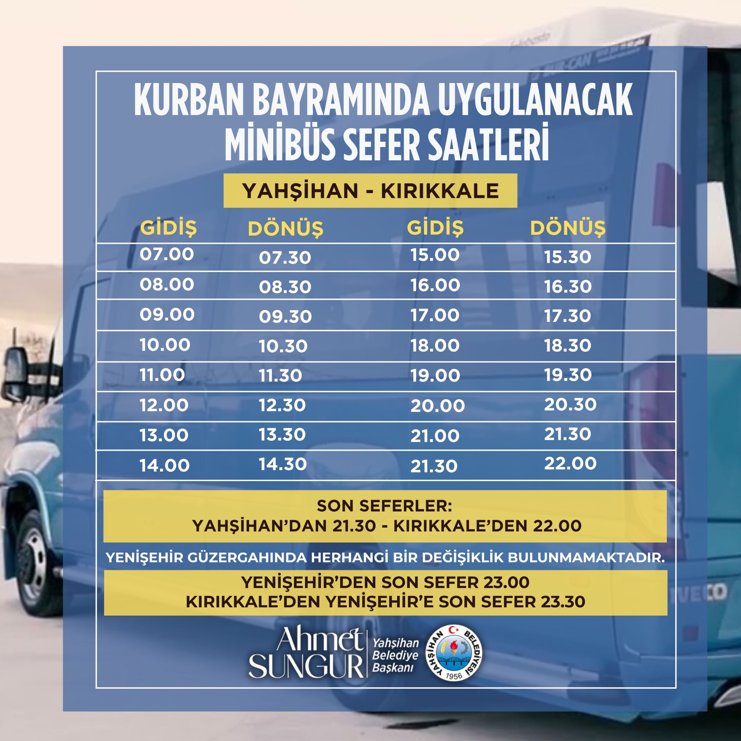 KURBAN BAYRAMINDA UYGULANACAK MİNİBÜS SEFER SAATLERİ